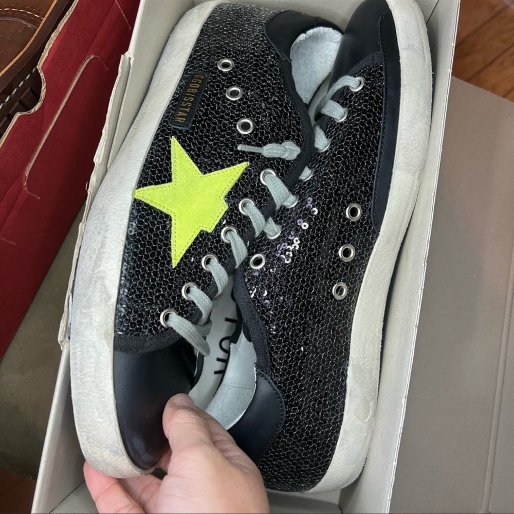 Golden Goose Superstar Sequin Star Leather Heel Black Yellow Fluo Sneakers - Picture 10 of 16